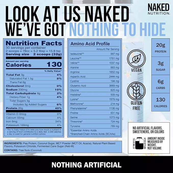NAKED Shake - Vanilla Protein Powder - Plant Based Protein Shake with Mct Oil NSF Certified Gluten-Free Soy-Free No Gmos Or Artificial Sweeteners - 30 Servings