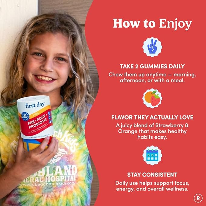 FIRST DAY Kids 3-in-1 Probiotic Gummies – Prebiotic + Probiotic + Postbiotic Supplement – Supports Digestive &amp Oral Health Immune Function &amp Energy Levels – 30-Day Supply