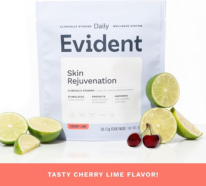 Skin Rejuvenation Powder – Collagen Supplement w/Resveratrol Sodium Hyaluronate CollaBZEn Vitamins C &amp E – Supports Elasticity Hydration Firmness – 30 Stick Packs Cherry Lime