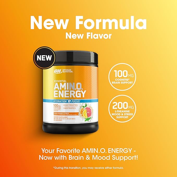 Optimum Nutrition Amino Energy Powder Plus Focus with BCAA Electrolytes and Caffeine Sunkissed Citrus 65 Servings (Packaging May Vary)