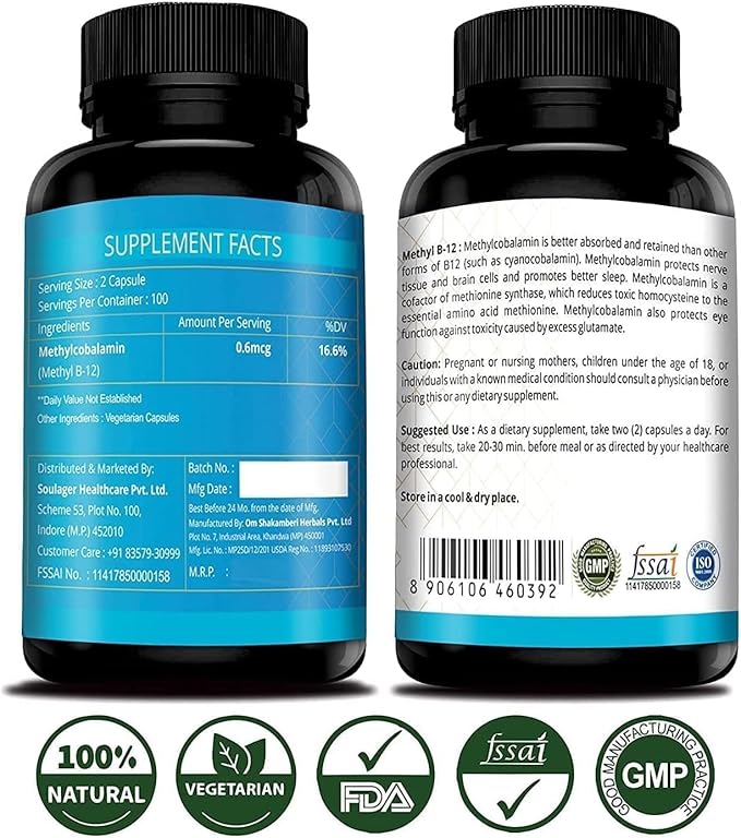 SENTA Vitamin B12 Methyl B12 Methylcobalami Produce Red Blood Cells Maintain Good Health Boost Energy Heart Health Plant Based Supplements - 100 Capsules