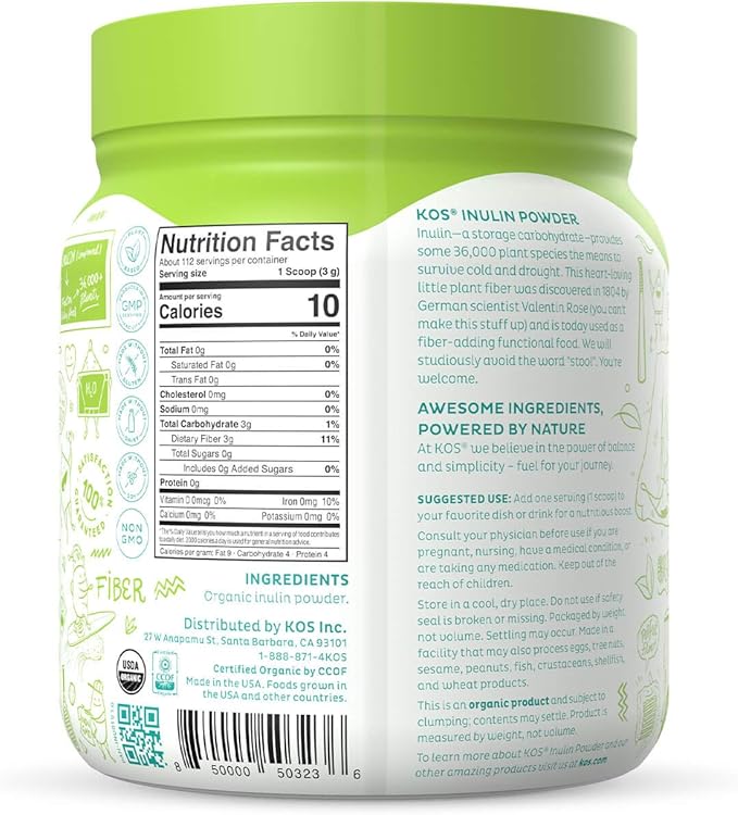 KOS Organic Inulin Powder Unflavored &amp Unsweetened Superfood - Vegan Inulin for Prebiotic Intestinal Support Digestive Health Promoting - USDA Certified Non-GMO Soy &amp Gluten-Free 112 Serv