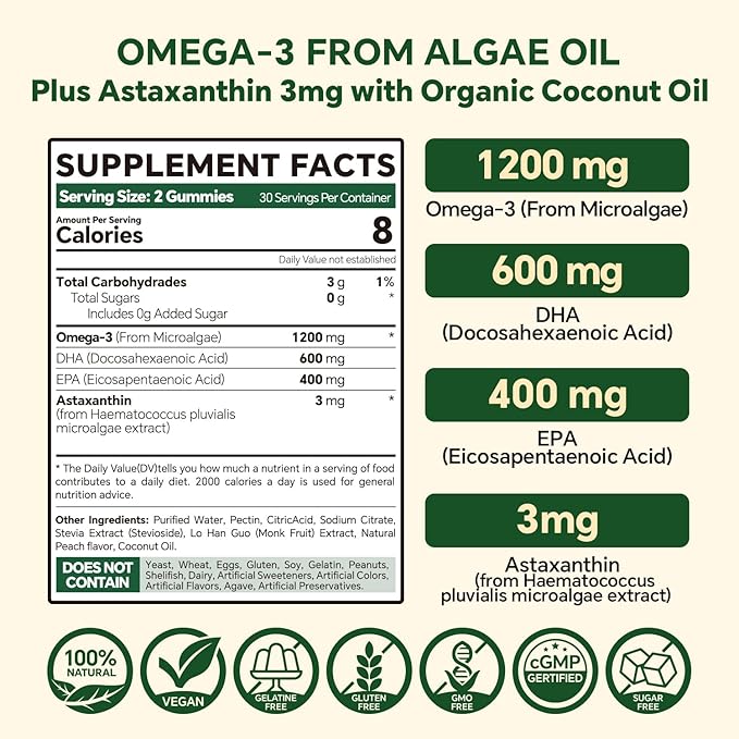 Vegan Omega 3 Gummies 1200mg - Dual Layer - Fish Oil Alternative Marine Algae Omega 3 Supplement DHA 600mg EPA 400mg with AstaxanthinSugar Free60 Cts