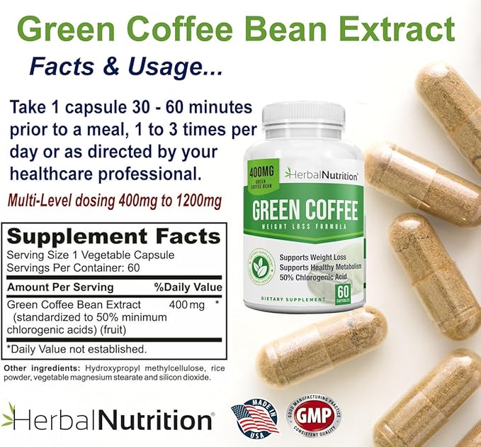 Herbal Nutrition BOGO Pure Green Coffee Bean Extract Two Bottle Pack 120 Capsules Multi-Level Dosing 400mg - 1200mg Per Serving 50% Chlorogenic Acid. Weight Loss &amp Cleanse Supplement