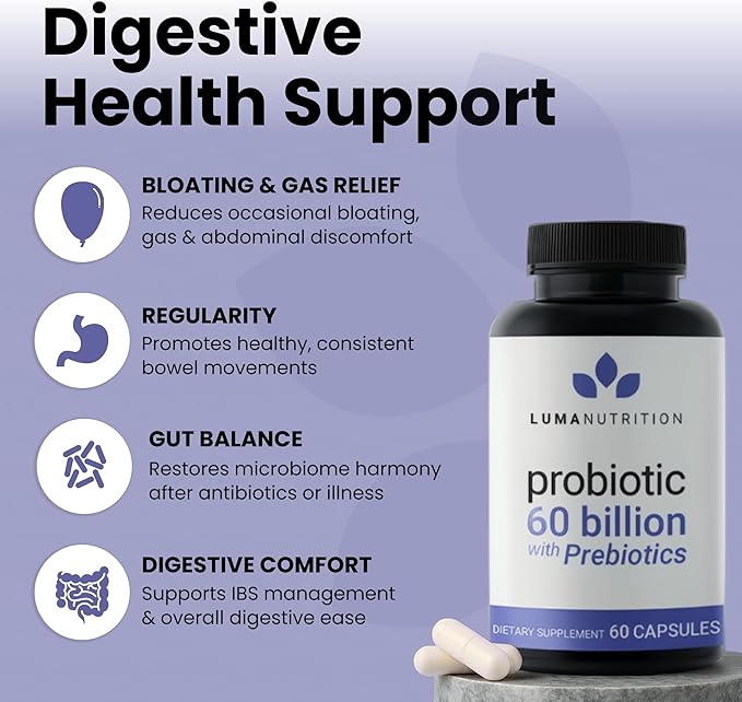 Luma Nutrition Probiotics 60 Billion CFU with Prebiotics - Probiotics for Women and Men - Formulated for Digestive Enzyme Health - Vegan &amp Gluten-Free - 60 Capsules