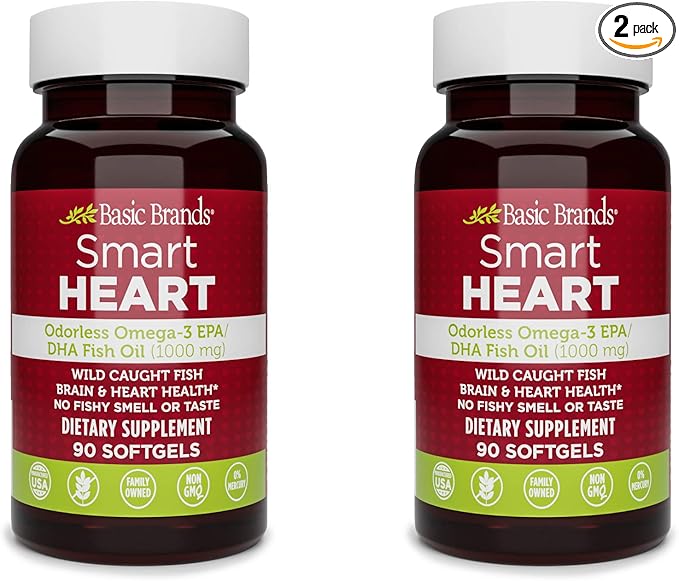Basic Brands Smart Heart Odorless Omega-3 Fish Oil 1000mg - Triple Strength EPA &amp DHA Non-GMO Heart &amp Cognitive Support - 90 Burpless Softgels - 2-Pack