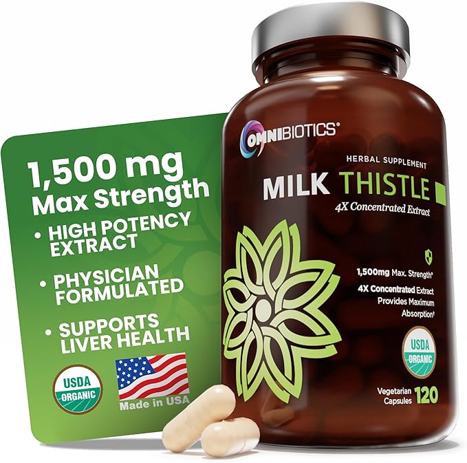 OmniBiotics Organic Milk Thistle Supplement 1500mg – 4X Concentrated Extract with Silymarin – High Potency Liver Detox &amp Support – 120 Vegan Capsules