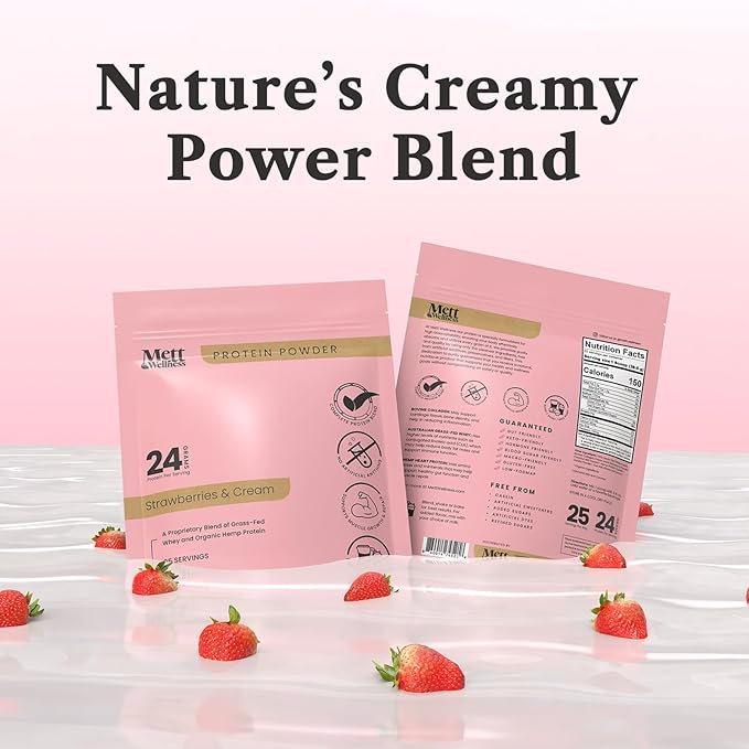 Strawberries &amp Cream Grass-Fed Whey + Hemp Heart Protein Powder with Bovine Collagen | 24g Protein per Serving | Supports Digestion &amp Daily Wellness | 1.5 lbs (25 Servings)