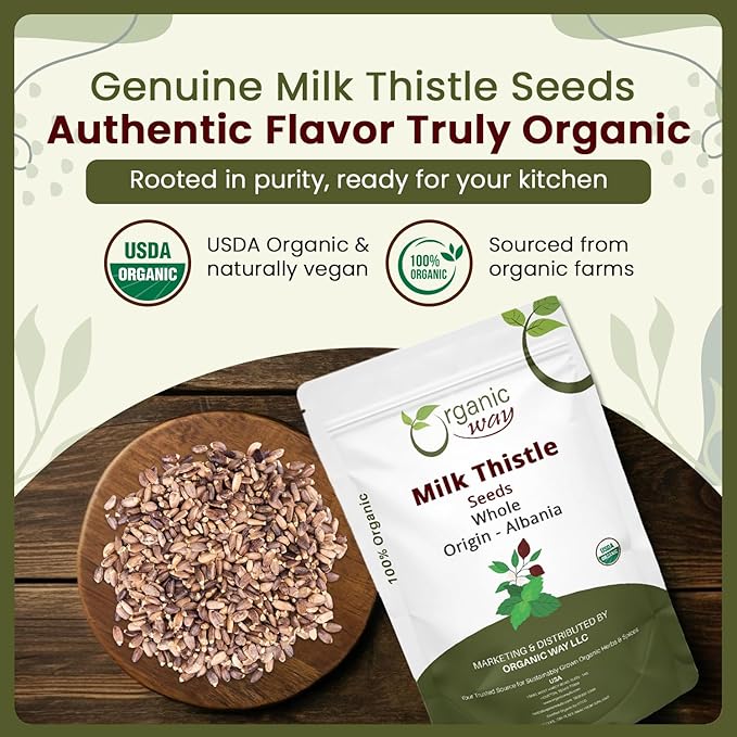 Organic Way Whole Milk Thistle Seeds (Silybum marianum) - Herbal Tea | European Wild-Harvest Organic &amp Kosher Certified Vegan Non GMO &amp Gluten Free USDA Certified Origin - Albania (16 Oz)