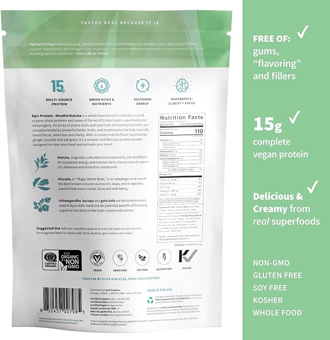 Sprout Living Epic Protein Plant Based Protein &amp Superfoods Powder Mindful Matcha | 17 Grams Organic Protein Powder Vegan Non-GMO Gluten Free Adaptogens + Nootropics (1 Pound 12 Servings)