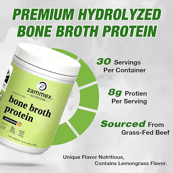 Zammex Beef Bone Broth Protein Powder - Grass-Fed Hydrolyzed Collagen 8g Protein per Serving Supports Hair Skin and Joint &amp Bone Health Keto Paleo Friendly 30 Servings - Lemongrass