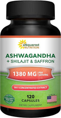 aSquared Nutrition Ashwagandha Supplements for Men &amp Women + Shilajit &amp Saffron - 120 Capsules - Pure Root Powder Complex - Pills Alternative to Gummies &amp Drops