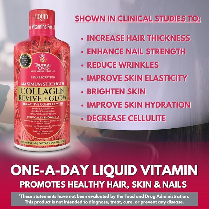 Tropical Oasis Liquid Collagen Glow for Women &amp Men | 5000mg VERISOL Collagen Peptides + 12500mcg Biotin | Clinically Tested for Thicker Hair Brighter Skin Wrinkles &amp Stronger Nails | 32 Ser