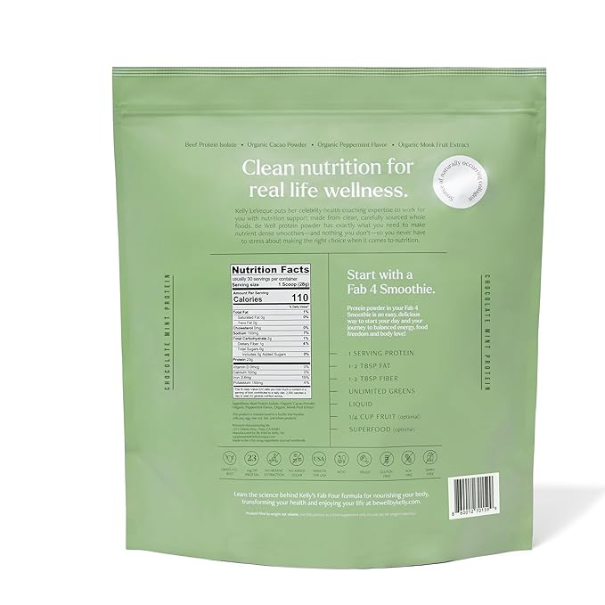 Be Well by Kelly Mint Chocolate Grass-Fed Beef Protein Powder 23G of Protein &amp 1G of Carbs (4 Ingredients 30 Servings) 9 Amino Acids + 3 BCAAs No Soy No Dairy Stevia-Free No Sugar Added