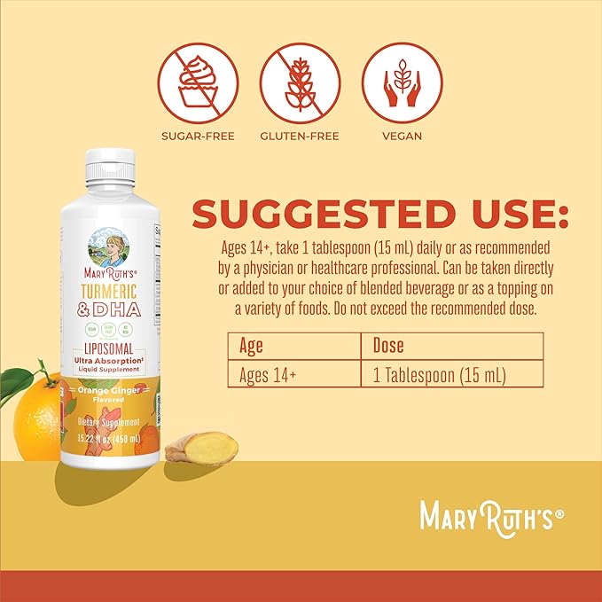 MARYRUTH'S Organics | Liposomal Turmeric &amp DHA | Curcumin | Ginger Root Oil | Algal DHA &amp Vitamin E | Cognitive Function | Mood Support | Joint Health | Liquid Supplement | 15.22 oz