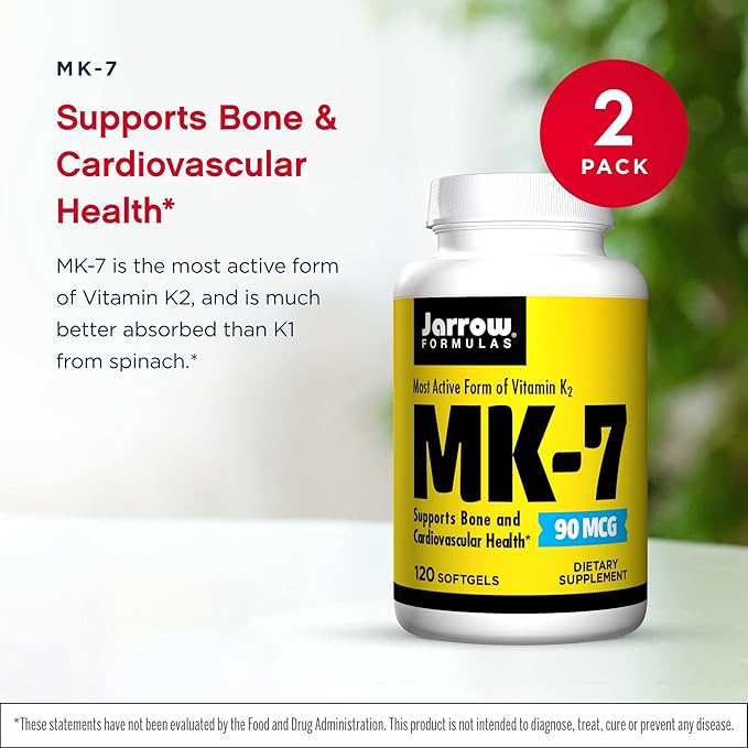 Jarrow Formulas MK-7 90 mcg - 120 Softgels Pack of 2 - Superior Vitamin K Product for Building Strong Bones - Supports Heart &amp Cardiovascular Health - 240 Total Servings