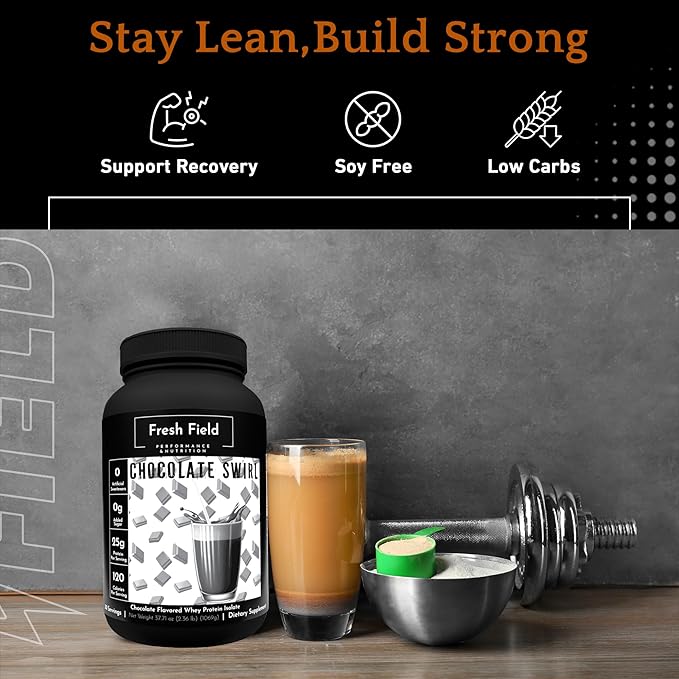 Fresh Field Chocolate Protein Powder - 25g Whey Protein Isolate Gluten-Free &amp Soy-Free Sugar-Free 30 Servings - Natural Whey Protein Powder for Workout Fitness &amp Nutrition Shakes - 2.36 lb