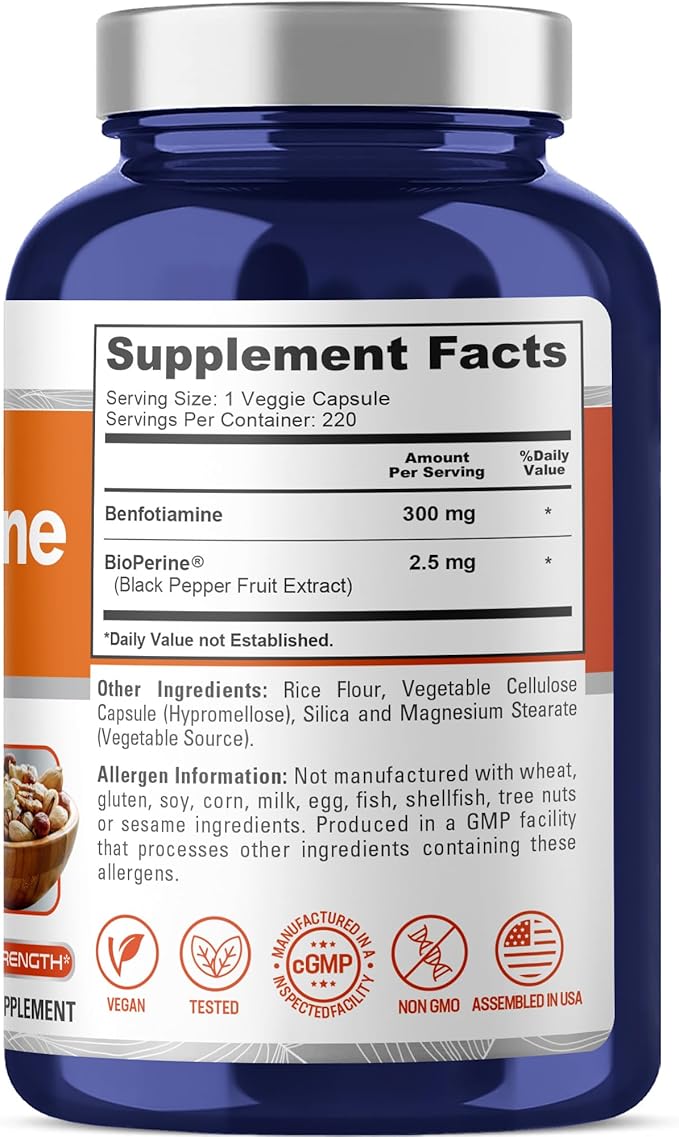 NusaPure Benfotiamine 300mg Per Veggie Caps 220 Count (Non-GMO Vegan) Bioperine