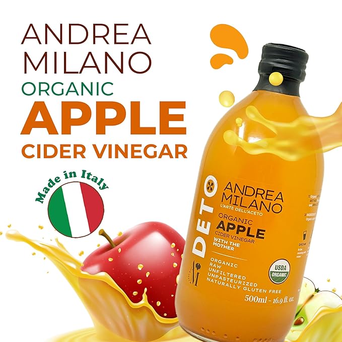 Andrea Milano Organic Apple Cider Vinegar – Raw Italian Natural Vinegar with the Mother Unfiltered Unpasteurized Non-GMO Vegan Bulk Glass Bottle (16.9 fl oz(Pack of 6))