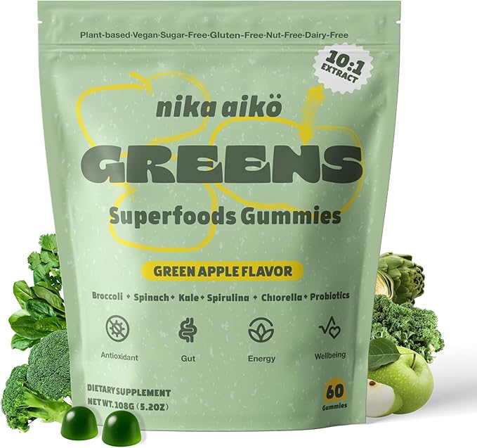 Greens Superfood Gummies Boost Energy Gut &amp Immune Support Sugar-Free Vegan with Broccoli Spinach Kale Spirulina Chlorella Probiotics &amp Multivitamin Apple Flavor 60 Count