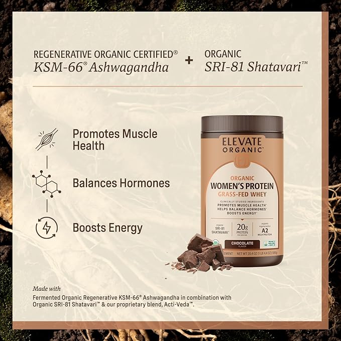Women’s Whey Protein Powder Chocolate Grass Fed A2 Regenerative Whey with Organic SRI-81™ Shatavari KSM-66 Ashwagandha® &amp Acti Veda™ (20g Protein)