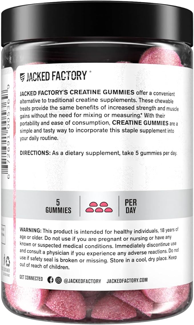 Jacked Factory Creatine Monohydrate Gummies 5g Daily Dose (1g per Gummy) - Creatine Gummy for Men and Women Vegan-Friendly Travel-Friendly Third-Party Tested - 150 Gummies Watermelon