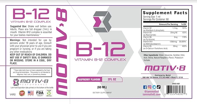 Motiv-8 Essentials Vitamin B-12 Drops Sublingual Easy to Take Liquid Supplement Supports Eye Health Brain Energy Nervous System Cognition &amp Memory (60 Servings Raspberry)