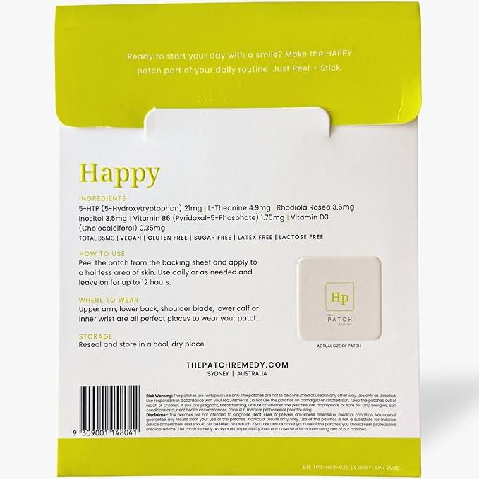 The Patch Remedy Happy Patch | 5-HTP L-Theanine Rhodiola Inositol B6 Vitamin D3 | 30 Patches