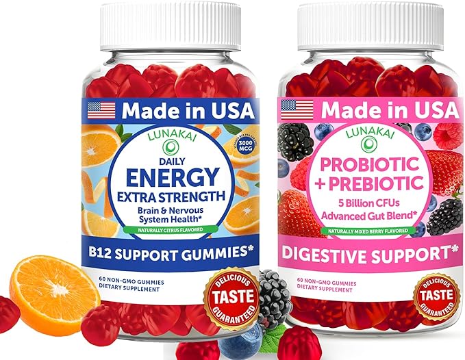 Lunakai USA Made Energy B12 &amp Probiotic + Prebiotic Gummies Bundle – Daily Wellness &amp Digestive Balance Support – 60 Non-GMO Gummies Each