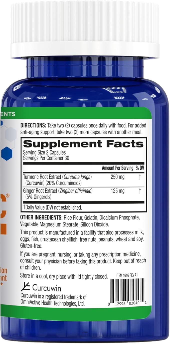 BioTrust Ageless Turmeric Supplement - CurcuWIN Turmeric Curcumin with Ginger Extract - 46x More Bioavailable High Absorption Long Lasting - Antioxidant Support (60 Capsules)