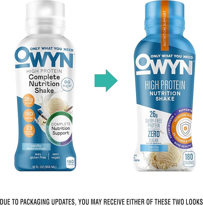 OWYN Only What You Need High Protein Shake Chocolate and Vanilla Flavored 26g Protein 0g Sugar 3g Fiber Dairy Free Plant Based Protein Drink 12 Count