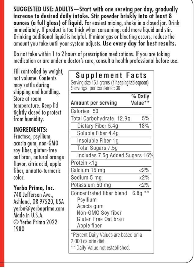 Yerba Prima Daily Fiber Formula 16 oz Powder (Pack of 3) - Great Tasting Premium Dietary Fiber Supplement Made in The USA Non-GMO Gluten Free Natural Orange Flavor