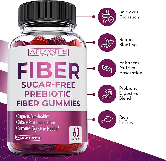 Atlantis Nutrition Sugar Free Prebiotic Fiber Gummies for Adults 2-Pack (120 Gummies) + Supergreens 60 Gummies