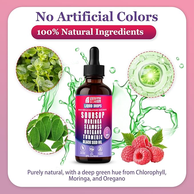 Soursop Bitters Liquid Drops 10 in 1 with Sea Moss Moringa Turmeric Black Seed Oil Oregano Ashwagandha | Herbal Extracts for Overall Health-Enhancing |Vegan Non-GMO| 2 Fl Oz(Mixed Berry Flavor)