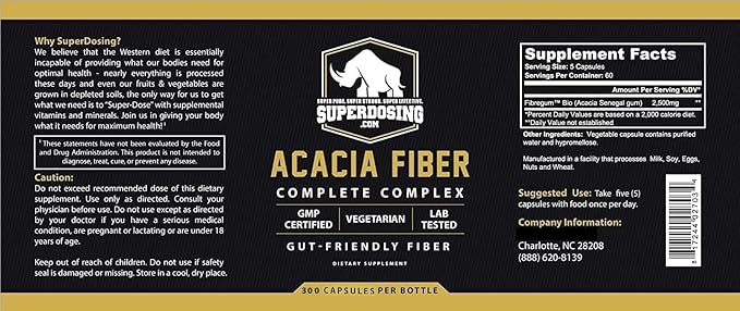 Fast Acting Organic Acacia Senegal Fiber Capsules 300pk. Natural Soluble Fiber Supplement Pill. Vegan Prebiotic Capsules.