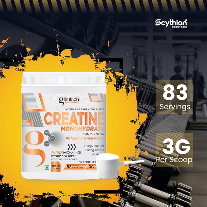 GLIMLACH Creatine Monohydrate | 83 Servings Per Container | Premium Micronized Creatine for Enhanced Strength Performance &amp Muscle Recovery (250 Gram Orange)