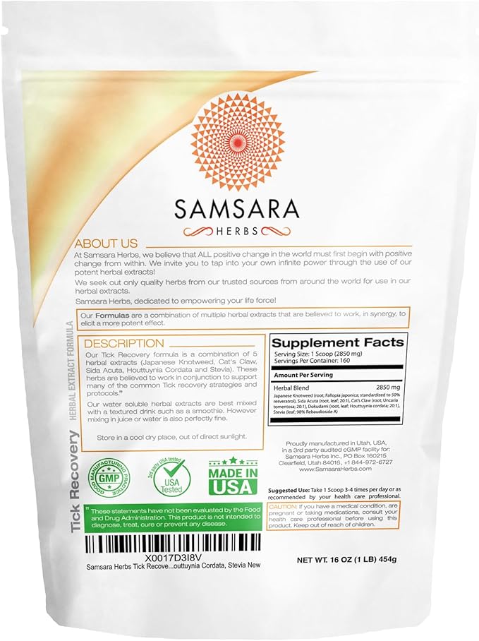 Samsara Herbs Tick Recovery Herbal Powder Formula (16oz/454g) - Japanese Knotweed Cat's Claw SIDA Acuta Houttuynia Cordata Stevia