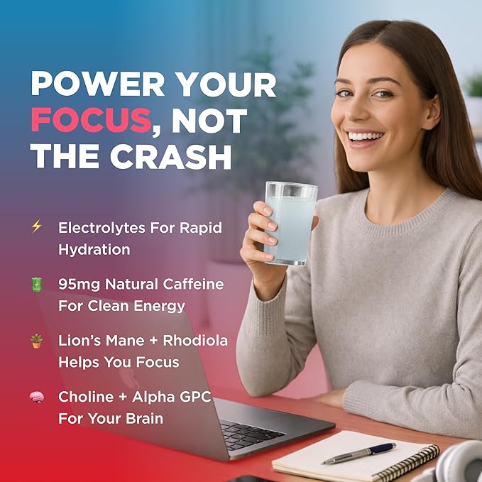 Keto Vitals Super Focus Drink Mix with Electrolytes &amp Caffeine Powder Packets - Nootropic Brain Support Supplement for Energy and Focus - Includes Lions Mane L Tyrosine &amp Rhodiola - 30 Servin