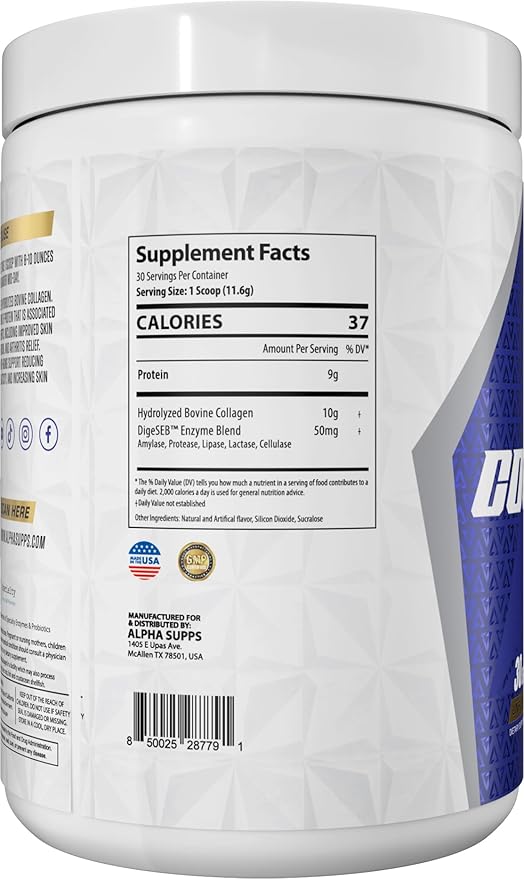 Alpha Supps Premium Hydrolyzed Collagen Protein Powder - Collagen Peptides Supplement for Men &amp Women with Digestive Enzymes - 30 Servings (Unflavored)