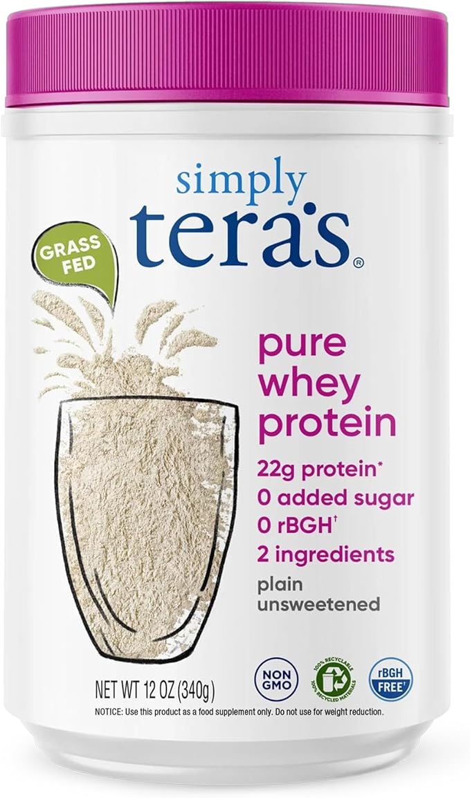 Simply tera's Pure Whey Protein Powder - Grass Fed Whey Protein Powder Clean &amp Natural Unflavored Non-GMO Kosher Unsweetened - 12 Oz.