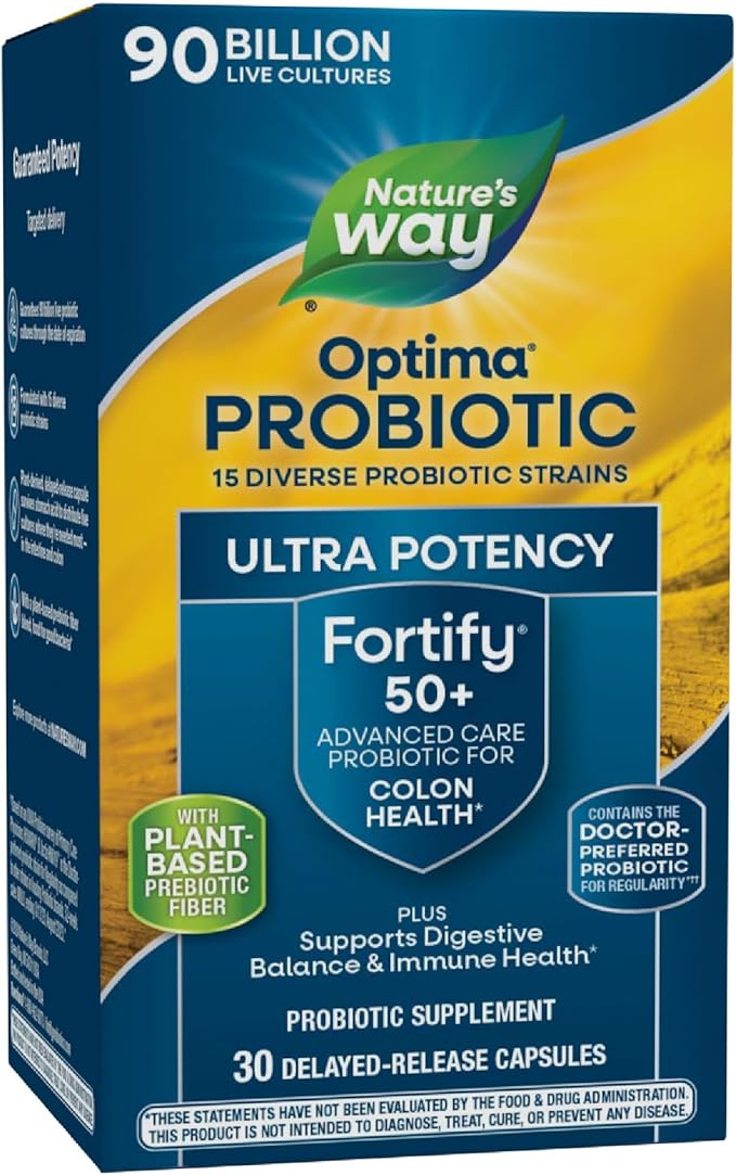Nature's Way Fortify Optima Probiotic for Adults 50+ 90 Billion Live Cultures 15 Strains Colon Health* Supports Digestive Balance and Immune Health* 30 Capsules (Packaging May Vary)