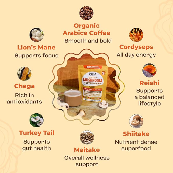 Drops Of Nature Ashwagandha &amp Saffron Liquid Drops Supplement (Mixed Berry 60mL) &amp Pella Nutrition Mushroom Coffee with Lion's Mane (Low-Caffeine 60 Cups) – Vegan Non-GMO – Focus &amp Mood