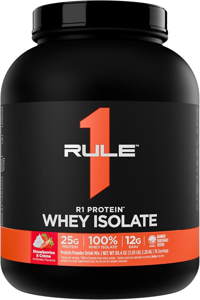 Rule 1 R1 Protein Whey Isolate - with 25g Protein &amp 6g BCAA Exclusively from Isolated &amp Hydrolyzed Sources for Workout Recovery (5 Pounds* Strawberries &amp Crème)
