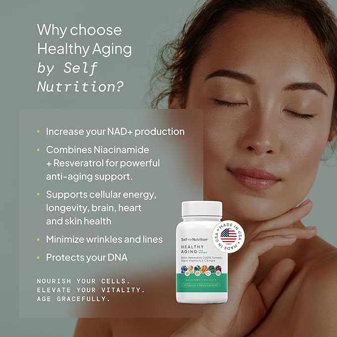 NAD+ Resveratrol Supplement for Women – Healthy Aging Formula with CoQ10 Biotin Turmeric &amp Vitamins A C E – Supports Energy Skin &amp Longevity – 60 Capsules. Made in USA.