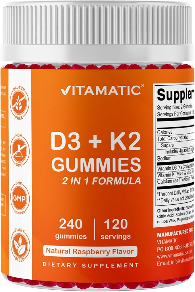 Vitamatic Vitamin D3 K2 with Calcium Gummies - 240 Count - Non-GMO Gluten Free