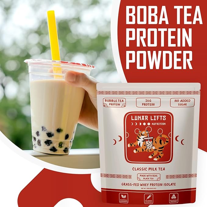 Lunar Lifts Nutrition Classic Milk Tea Boba Protein Powder | Whey Protein Isolate | 26g Grass Fed Whey Protein Powder | No Added Sugar or Artificial Ingredients | Bubble Tea