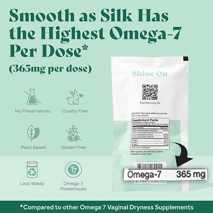 Femininity Smooth as Silk 30-Day Refill for Vaginal Dryness (60 Softgels) – Sea Buckthorn Oil with 365mg Omega 7 + Omega 3 and Omega 9