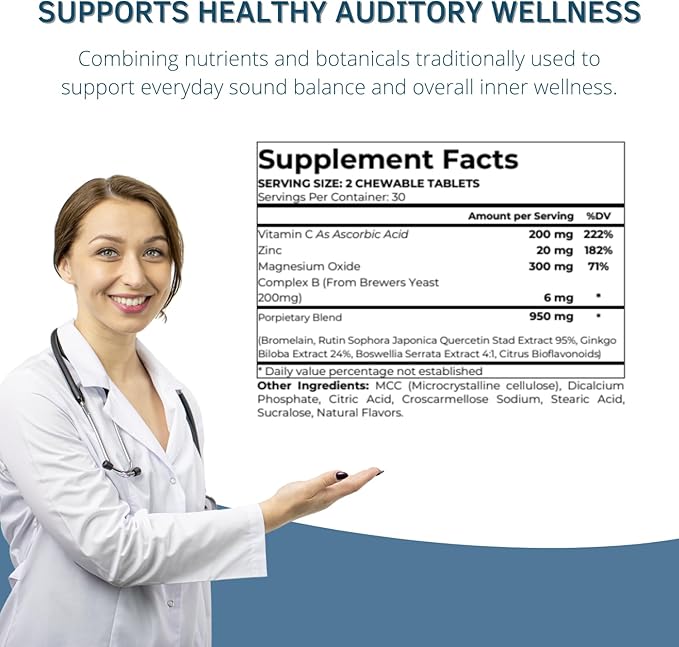 Zen Ear – Ear Wellness &amp Daily Support Supplement – Chewable Herbal Tablets with Magnesium Zinc B Complex &amp Bioflavonoids – 60 Count