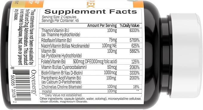 OxyEnergy Mega Vitamin B Complex for Women and Men with Choline Inositol Biotin Folic Acid B1 B2 B3 B5 B6 B12 Neurological Health Support Cellular Energy - 90 Capsules45Days Supply