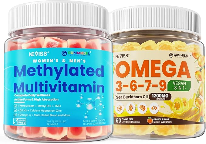 Methylated Multivitamin for Women &amp Men Gummies w/ Omega-3 Calcium D3 K2 + Omega 3-6-7-9 Gummies Organic Sea Buckthorn Oil 1200MG &amp Flaxseed Oil 500MG Vegan Omega 7 Supplement w/Vitamin A